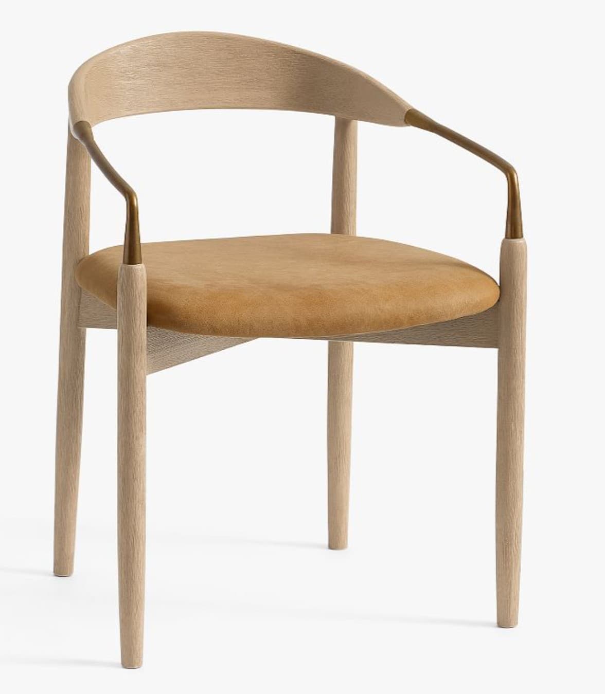 A contemporary armchair with a curved wooden backrest and a padded seat. The frame is constructed from light-colored wood, and the armrests are accented with curved metal elements. — 3D model