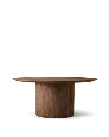 A round dining table with a thick, solid wood top and a unique, sculptural pedestal base. The base consists of two curved, hollowed-out cylindrical elements connected by a lower shelf, creating an open, organic form. The wood appears to be reclaimed or naturally aged, with visible grain and texture. — 3D model
