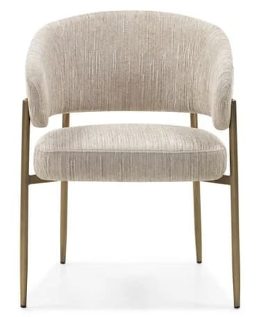 A contemporary armchair with a gently curved backrest and integrated armrests. The seat and back are upholstered in a textured, neutral-toned fabric. It is supported by slender, metallic legs with a brass or bronze finish. — 3D model