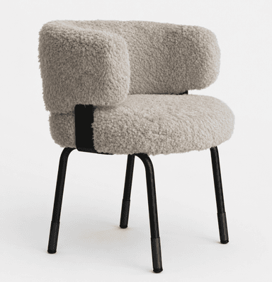 A chair with a plush, textured upholstery and a minimalist metal frame. The seat and backrest are covered in a shaggy, cream-colored material resembling sheepskin or faux fur, creating a soft and inviting appearance. The frame consists of four thin, black metal legs that are angled outwards for stability. Black metal brackets connect the upholstered seat and backrest to the legs, featuring visible screw heads. — 3D model
