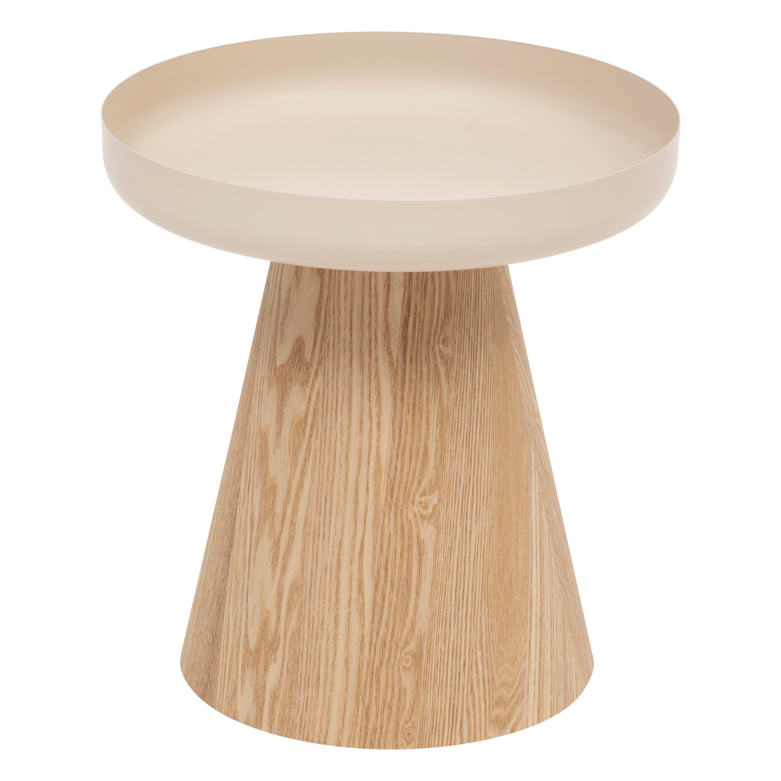 A modern accent table featuring a light wood conical base with a visible grain pattern, topped by a shallow, round, off-white tray-style surface. — 3D model