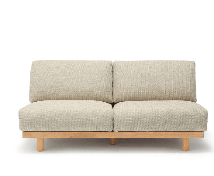 A two-seater sofa with a minimalist design. It features upholstered seating and back cushions, supported by a visible wooden frame with four cylindrical legs. The fabric appears to have a subtle woven texture. — 3D model