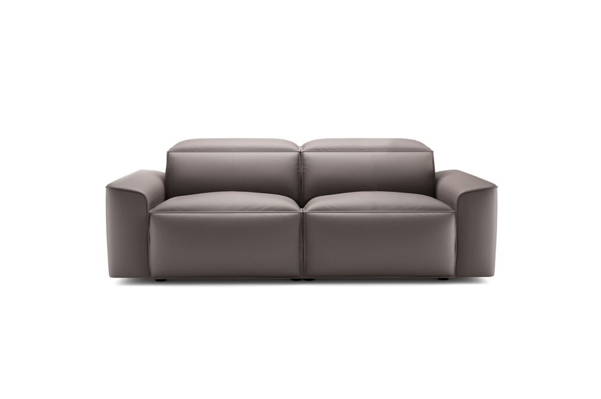 A modern, two-seater sofa with a minimalist design. It features a plush, upholstered seat and backrest divided into two cushions each. The arms are squared and integrated into the main body of the sofa, with gently rounded edges. The upholstery appears to be a smooth material, possibly leather, with visible stitching defining the cushion shapes. — 3D model