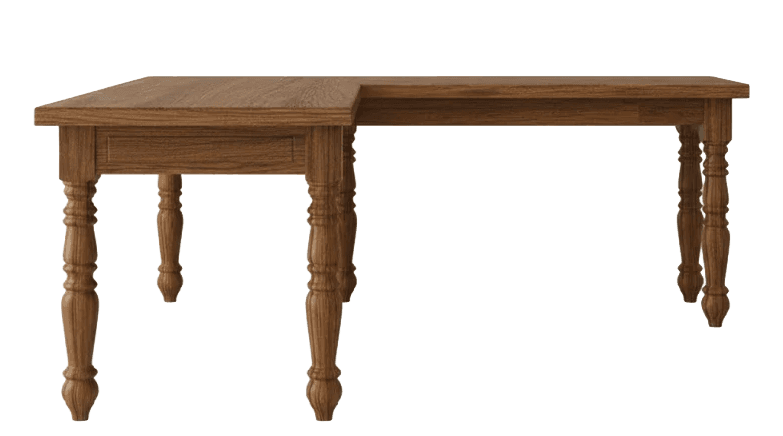 An L-shaped wooden desk with a traditional design, featuring turned legs and a medium brown finish. It appears designed for corner placement or a spacious workspace. — 3D model