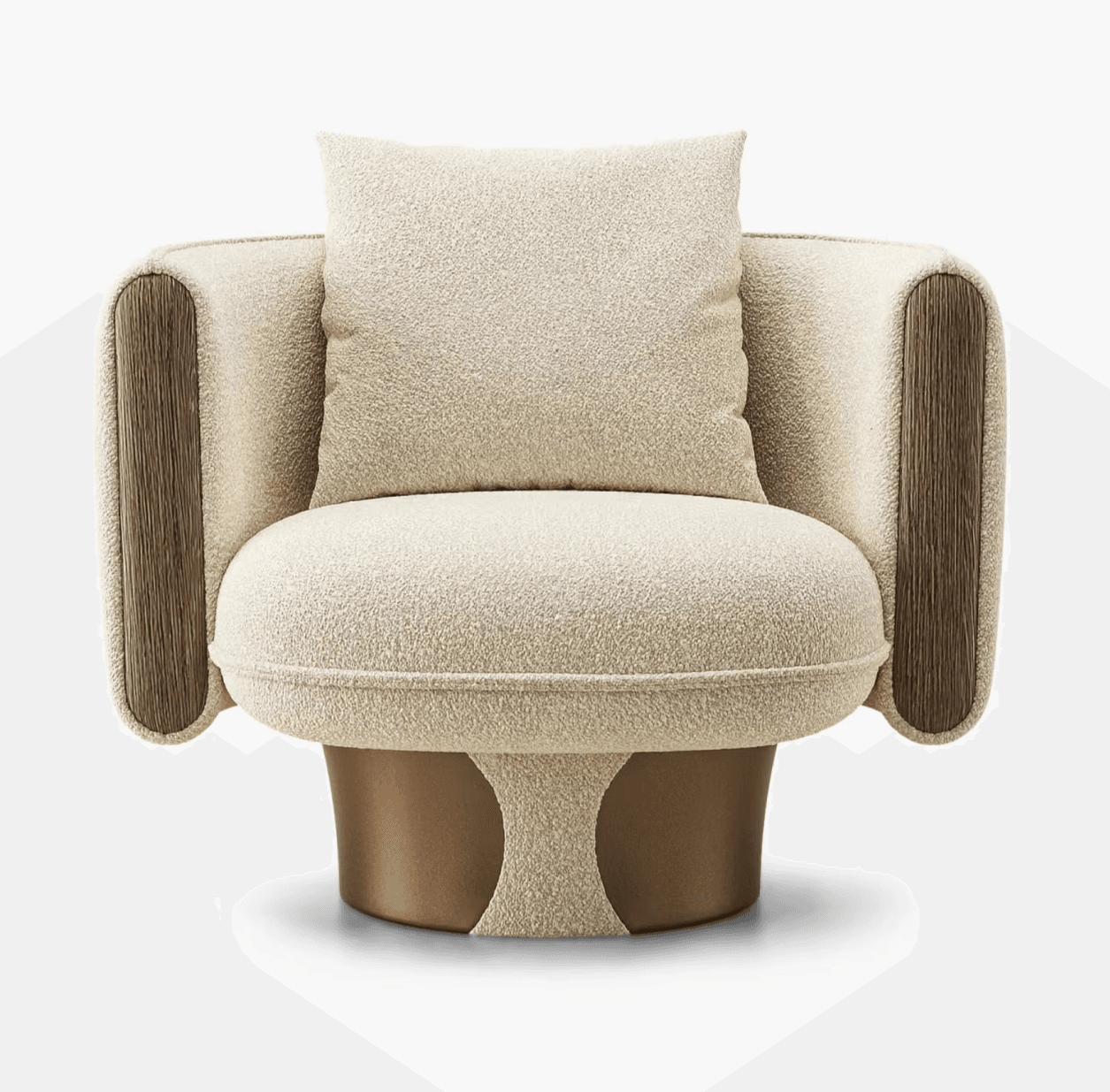 A modern, sculptural armchair featuring a plush, light-colored boucle upholstery. It has distinctive wooden panels on the outer sides of its curved armrests and a substantial pedestal base that combines the boucle fabric with a smooth, matte bronze/brown finish. A matching square back cushion is included. — 3D model