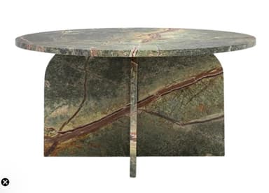 A monolithic coffee table crafted entirely from green marble with distinctive reddish-brown veining. It features an oval tabletop supported by a sculptural base composed of two arched segments, one solid and one split down the middle. — 3D model
