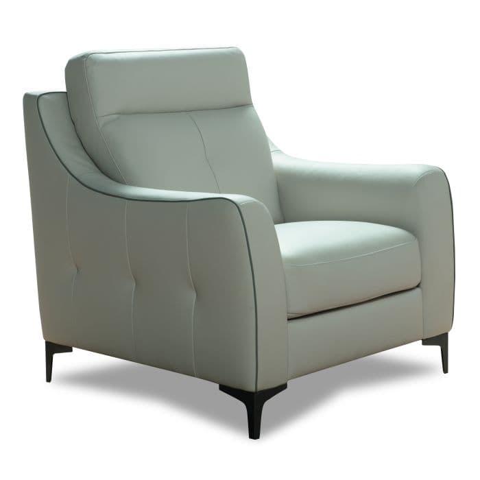 A contemporary lounge chair upholstered in light grey material, likely leather, featuring wide, padded arms, a high back with an integrated headrest, and dark contrasting piping along the edges. The chair stands on four slender, tapered dark-finished legs, and the outer back and side panels display subtle tufting details. — 3D model