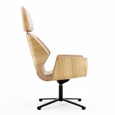 A contemporary armchair with a high back and headrest, featuring a sleek design. The seat and back are upholstered in a light beige material, with curved armrests. The outer shell of the chair appears to be made of a light-colored wood-grain material. It is supported by a black five-star swivel base with casters. — 3D model