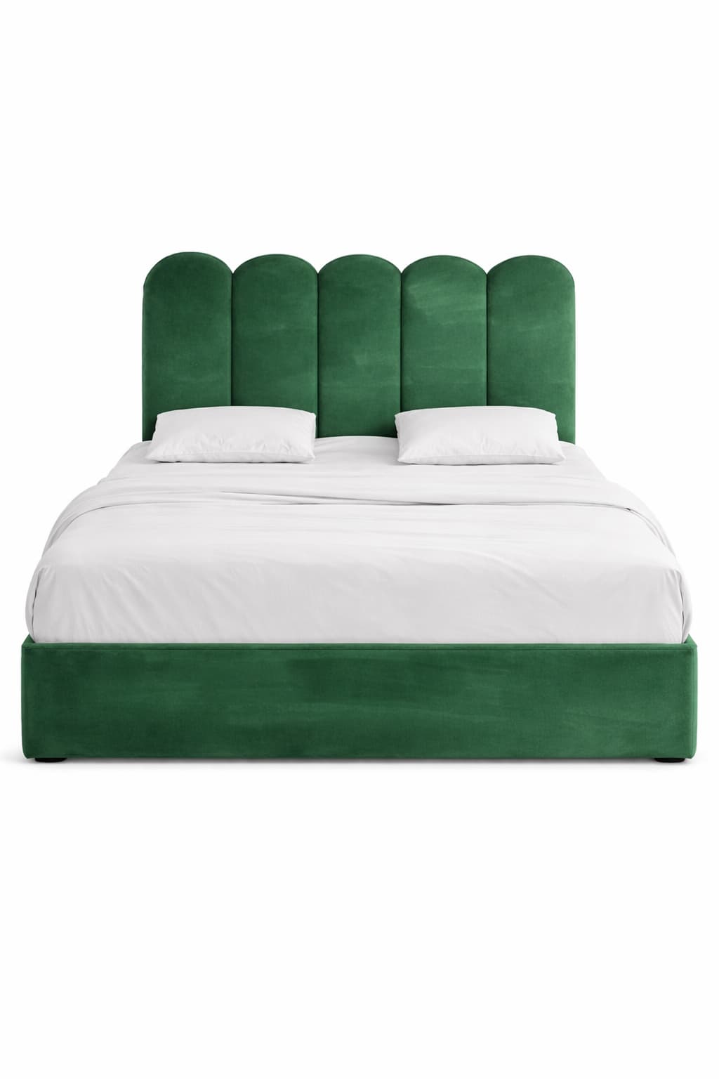 A green upholstered bed frame with a scalloped headboard featuring vertical paneling. The bed is made with a velvet-like fabric and is presented with white bedding and two pillows. — 3D model