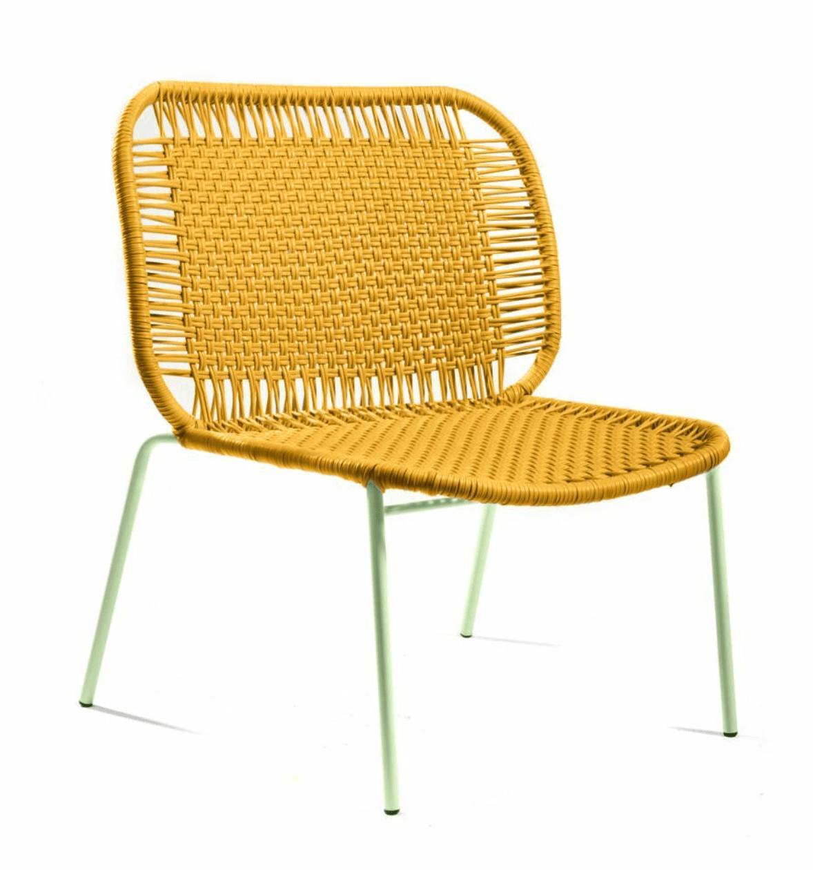A contemporary low-profile accent chair featuring a seat and backrest constructed from a tightly woven synthetic cord in a mustard yellow hue. The chair sits on four slender, round tubular metal legs finished in a light mint green color. The overall design emphasizes a casual, modern aesthetic with rounded edges on the seat and back frame. — 3D model