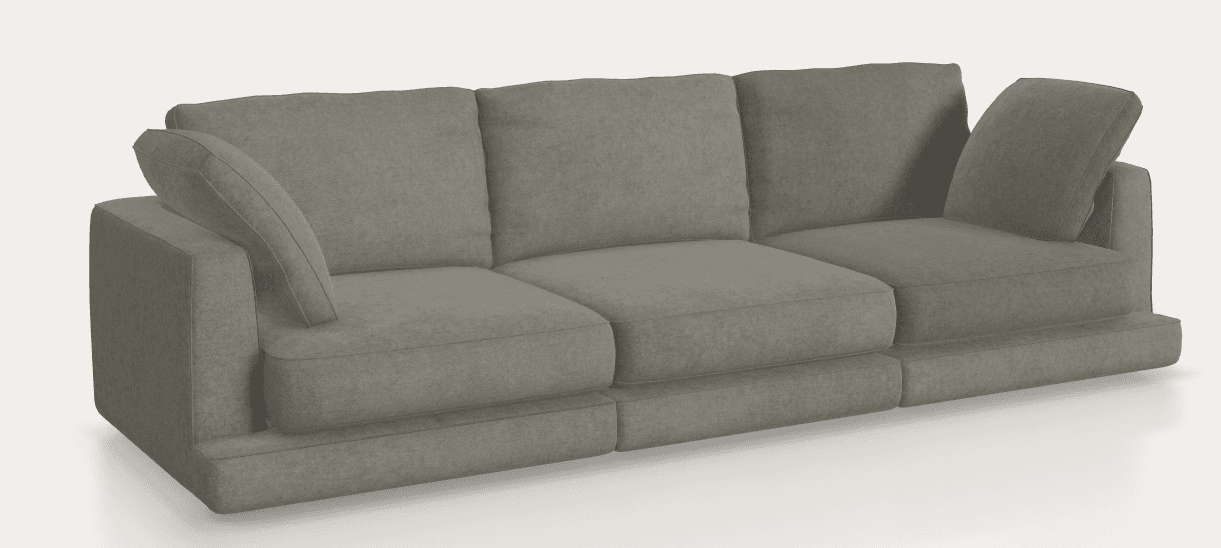 A modern three-seater sofa with a gray fabric upholstery, characterized by its broad block arms and a low-profile design. It features three individual loose back cushions and a distinct, extended block base. — 3D model