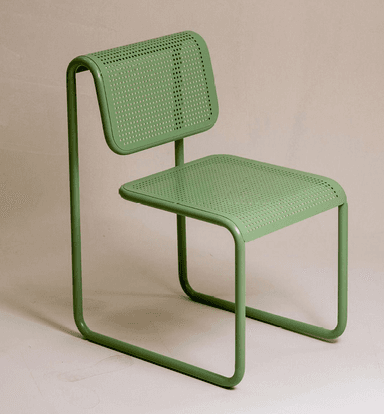 A modern armless chair featuring a monochromatic green finish, constructed with a continuous tubular metal frame and perforated metal sheets for the seat and backrest. — 3D model