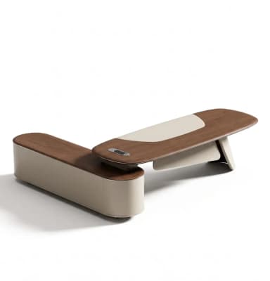 A modern executive desk featuring an elongated, asymmetrical wooden top with an integrated light-colored leather writing pad, supported by a curved pedestal leg and an attached low credenza with storage compartments. — 3D model