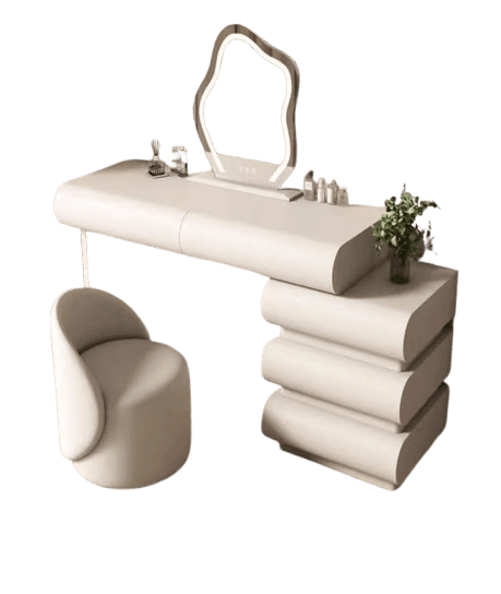A modern vanity set featuring a cream-colored dressing table with integrated storage, a wavy-shaped mirror with LED lighting, and a matching upholstered barrel stool. The table exhibits rounded edges and a sculptural design, with one side supported by a solid panel and the other by a stack of four fluted, layered drawers, giving it a distinctive curvilinear aesthetic. The mirror is free-standing on the tabletop and features touch controls for the integrated LED lights. — 3D model