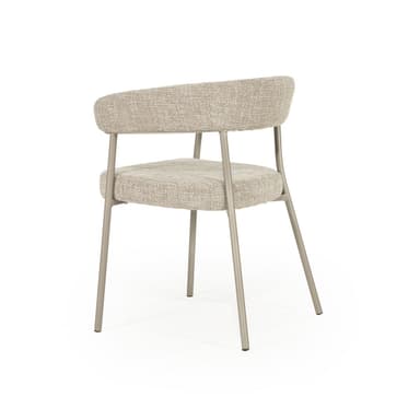 A contemporary armchair with a gently curved back and seat, upholstered in a textured beige fabric. The chair features slender, brushed metal legs and a minimalist frame, providing a modern aesthetic. — 3D model
