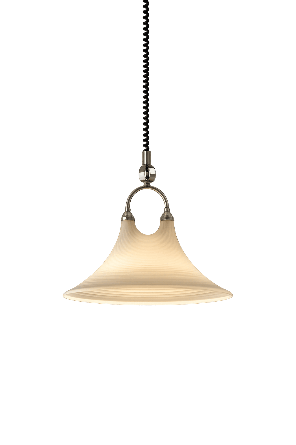 A contemporary pendant light featuring a wide, bell-shaped shade made of pleated or ribbed frosted glass, suspended by polished chrome or nickel hardware and a coiled electrical cord. The light emitted is soft and diffused. — 3D model