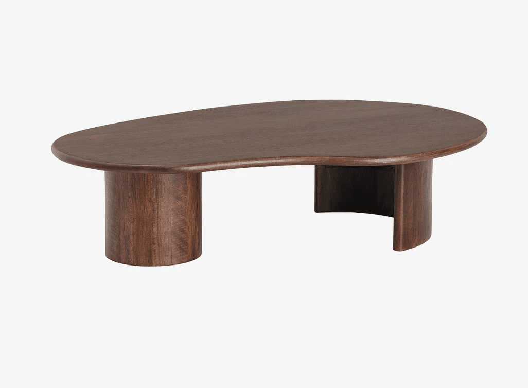 An organically shaped coffee table with a dark wood finish. The tabletop is elongated and irregular, resembling a kidney bean or a smooth stone. It is supported by two substantial, cylindrical legs at one end and two curved, U-shaped supports at the other. The overall design is modern and sculptural. — 3D model