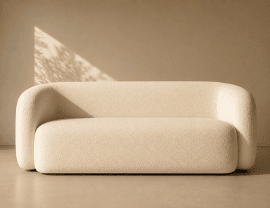 A contemporary loveseat upholstered in off-white bouclé fabric, featuring a distinctive rounded silhouette with integrated arms and backrest, and a concealed base. — 3D model