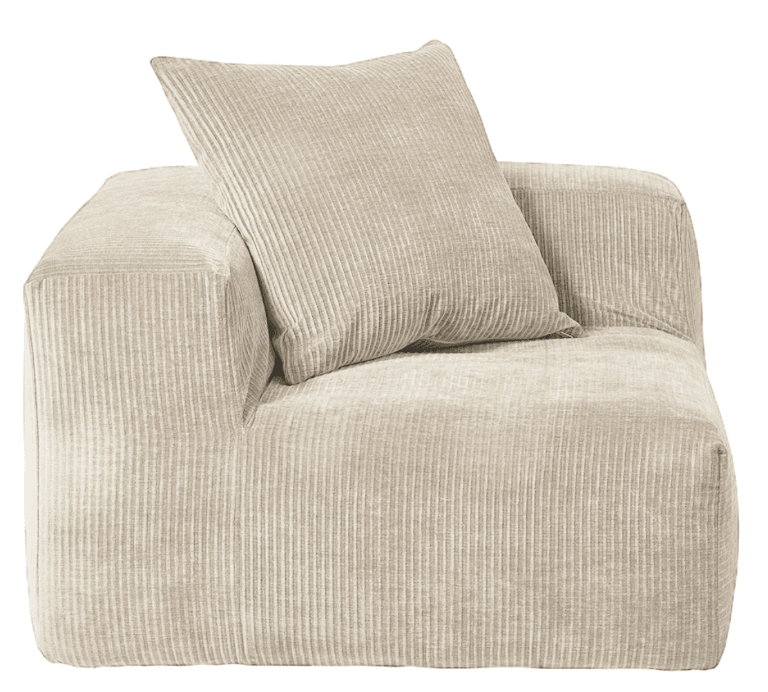 A single-seat armchair upholstered in a light beige corduroy fabric. The armchair features a low profile, boxy design with rounded corners. A matching corduroy cushion is placed on the seat and angled against the backrest. The textile has distinct vertical ribbing. — 3D model