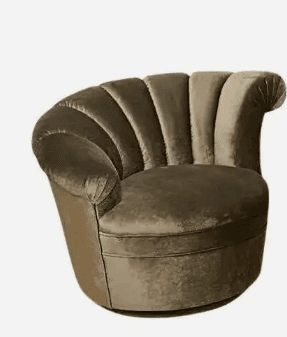 An olive green velvet upholstered barrel chair featuring a distinctive scalloped, channel-tufted backrest that flows into integrated, rounded armrests. The chair has a plush, circular seat and a fully upholstered, rounded base. Its design evokes a luxurious and retro-inspired aesthetic. — 3D model