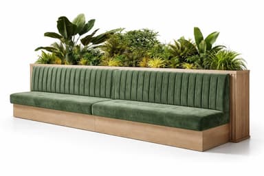 A long commercial banquette booth featuring dark green velvet upholstery, a light-toned wooden frame, and an integrated planter box along the top of the backrest. The booth consists of two seating sections, with vertical slatted wood detailing on one end. — 3D model