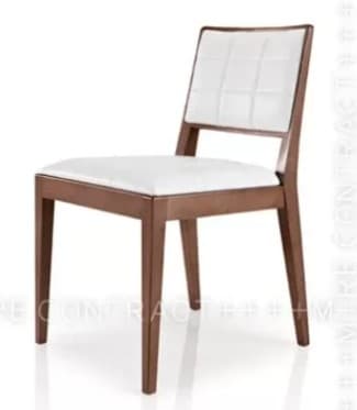 A side view of a wooden dining chair with a black upholstered seat and a solid backrest. The chair features clean lines and a minimalist design, with tapered legs and a slightly curved back. — 3D model