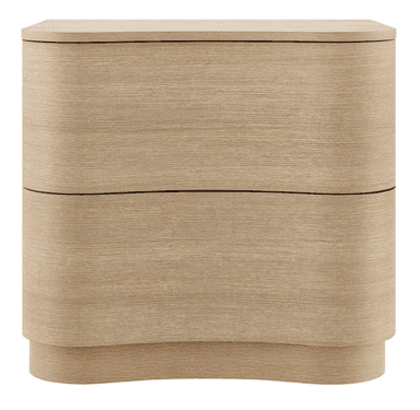 A two-drawer nightstand with a curved, modern design. The unit features rounded edges and a continuous wood grain pattern across the drawer fronts and body. The drawers appear to be handle-less, likely opening via a push-to-open mechanism. The base has a subtle curved plinth. — 3D model