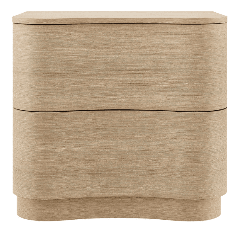 A two-drawer nightstand with a curved, modern design. The unit features rounded edges and a continuous wood grain pattern across the drawer fronts and body. The drawers appear to be handle-less, likely opening via a push-to-open mechanism. The base has a subtle curved plinth. — 3D model