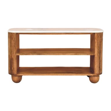 A rectangular console table featuring a smooth white marble top, two open wooden shelves for storage or display, and a wooden frame with distinct reeded or fluted side panels. The table stands on four rounded, spherical wooden feet. — 3D model