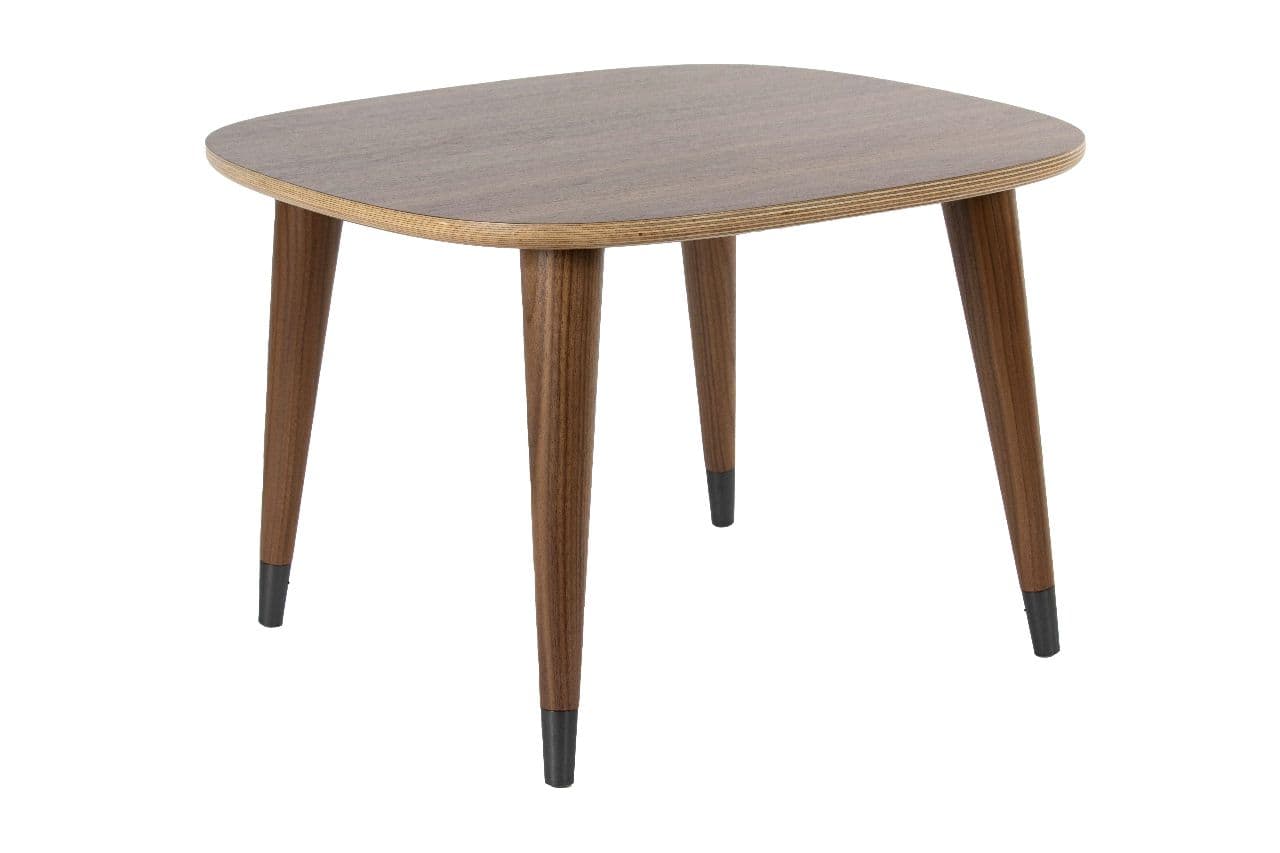 A small, contemporary side table with a dark wood-grain finish rectangular top featuring rounded corners and a visible light-toned plywood edge. It stands on four splayed, tapered wooden legs with a darker brown finish, each terminating in a black protective foot cap. — 3D model