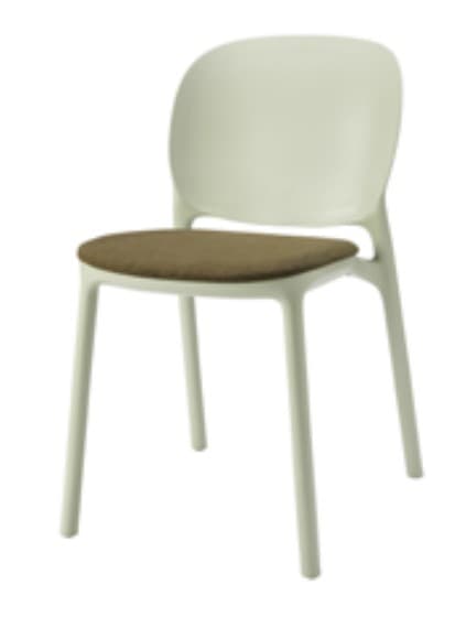 A light beige-green contemporary dining chair featuring a molded plastic seat and backrest, with a contrasting brown upholstered seat cushion. — 3D model