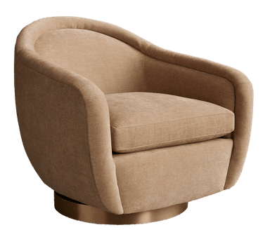A barrel-shaped armchair with a swivel base. The chair features a fully upholstered body with a rounded backrest that curves into the armrests. A separate seat cushion provides comfort. The base is a circular, metallic swivel plate. — 3D model