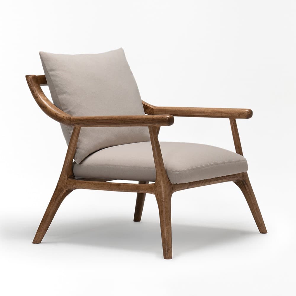 A modern lounge chair featuring a sturdy oak wood frame with gently curved armrests and tapered legs. The seat and backrest are fitted with thick, removable cushions upholstered in a light beige or grey fabric, providing a comfortable and inviting aesthetic. The design emphasizes clean lines and organic shapes. — 3D model