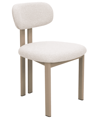 A contemporary armless chair featuring an upholstered seat and a detached, rounded backrest. The chair is supported by four straight, cylindrical metal legs in a matte light beige or taupe finish. The upholstery is a textured, light cream or off-white fabric. — 3D model