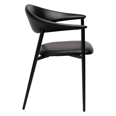 A modern armchair with a curved backrest and seat, upholstered in black material. It features a minimalist design with slim, black metal legs and armrests that blend seamlessly with the frame. — 3D model