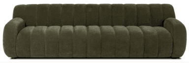 A long, low-profile sofa upholstered in a dark olive green, channel-tufted velvet fabric, featuring gently rounded armrests and a seamless, minimalist base. — 3D model