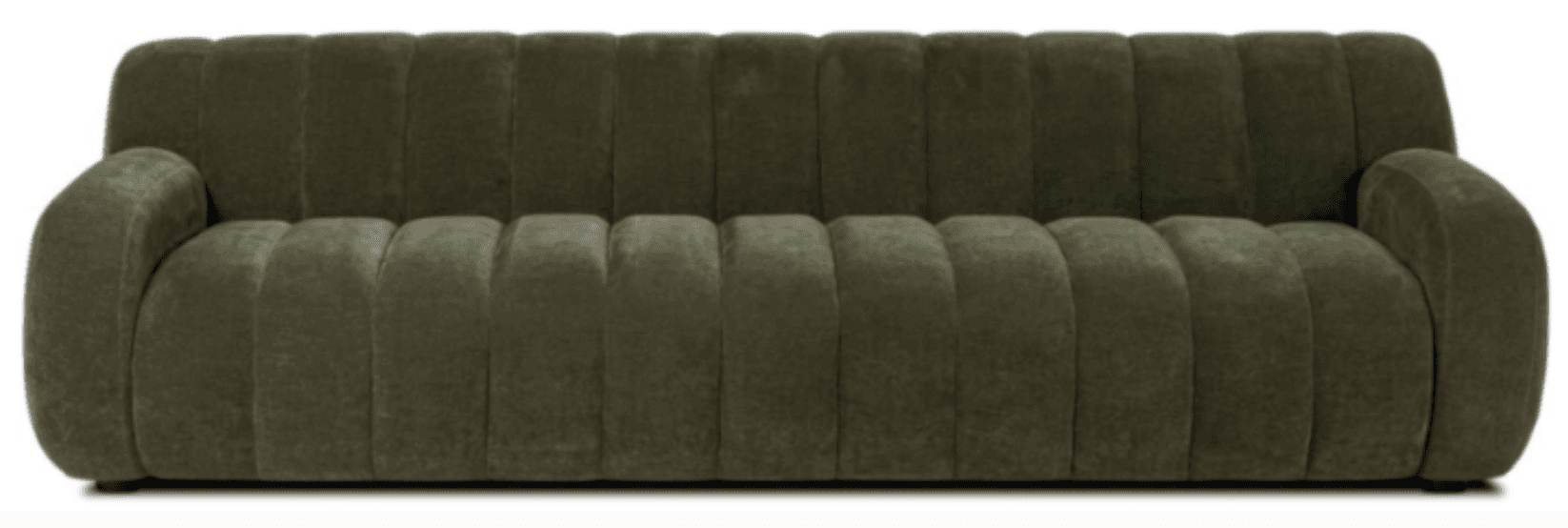 A long, low-profile sofa upholstered in a dark olive green, channel-tufted velvet fabric, featuring gently rounded armrests and a seamless, minimalist base. — 3D model
