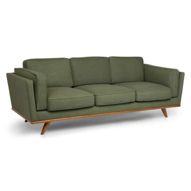 A sofa with a green, textured fabric upholstery. It features three back cushions and has a visible wooden base and tapered legs, suggesting a mid-century modern aesthetic. The overall construction appears to be upholstered with a supportive frame. — 3D model