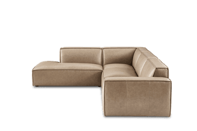 A modern L-shaped sectional sofa upholstered in light brown leather, featuring clean lines, low-profile block arms, and a built-in chaise lounge on the left side, presenting a sleek and contemporary aesthetic. — 3D model