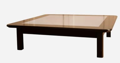 A low-profile square coffee table with a dark-finished wooden frame and a recessed, lighter-colored central panel on its top. It stands on four stout, straight legs. — 3D model