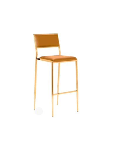 A modern bar stool with a gold metal frame and tan upholstered seat and backrest. The frame consists of thin, straight vertical legs connected by a horizontal footrest. The seat and backrest are rectangular and padded, upholstered in a smooth, light brown material. — 3D model