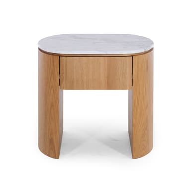 A modern and minimalist nightstand featuring a light-toned oak wood construction with a waterfall-edge design and an oval white marble top. It includes a single integrated drawer with a discreet, handleless design. The piece stands on two curved, solid wood legs that form the body of the nightstand. — 3D model
