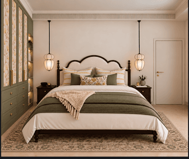 A traditional wooden bed featuring a scalloped upholstered headboard, a dark brown wood frame, and turned leg posts, presented in a bedroom setting with coordinated bedding. — 3D model