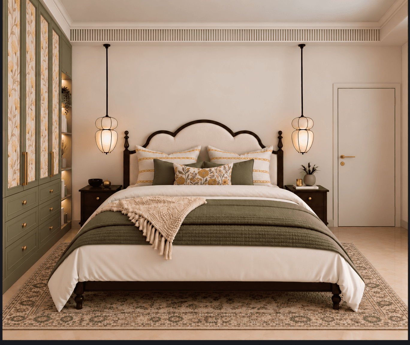 A traditional wooden bed featuring a scalloped upholstered headboard, a dark brown wood frame, and turned leg posts, presented in a bedroom setting with coordinated bedding. — 3D model