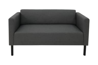 A modern two-seater loveseat upholstered in dark gray fabric, featuring integrated low-profile arms and backrest with rounded edges, supported by four slender black cylindrical legs. — 3D model