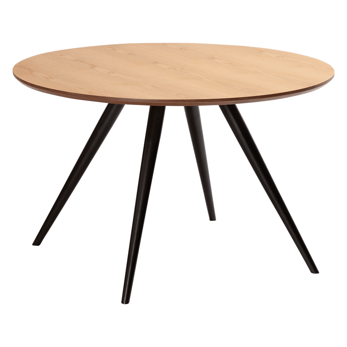 A round side table with a light wood veneer top and three tapered dark metal legs. The legs are splayed outwards, providing a stable base. The design is minimalist and modern. — 3D model