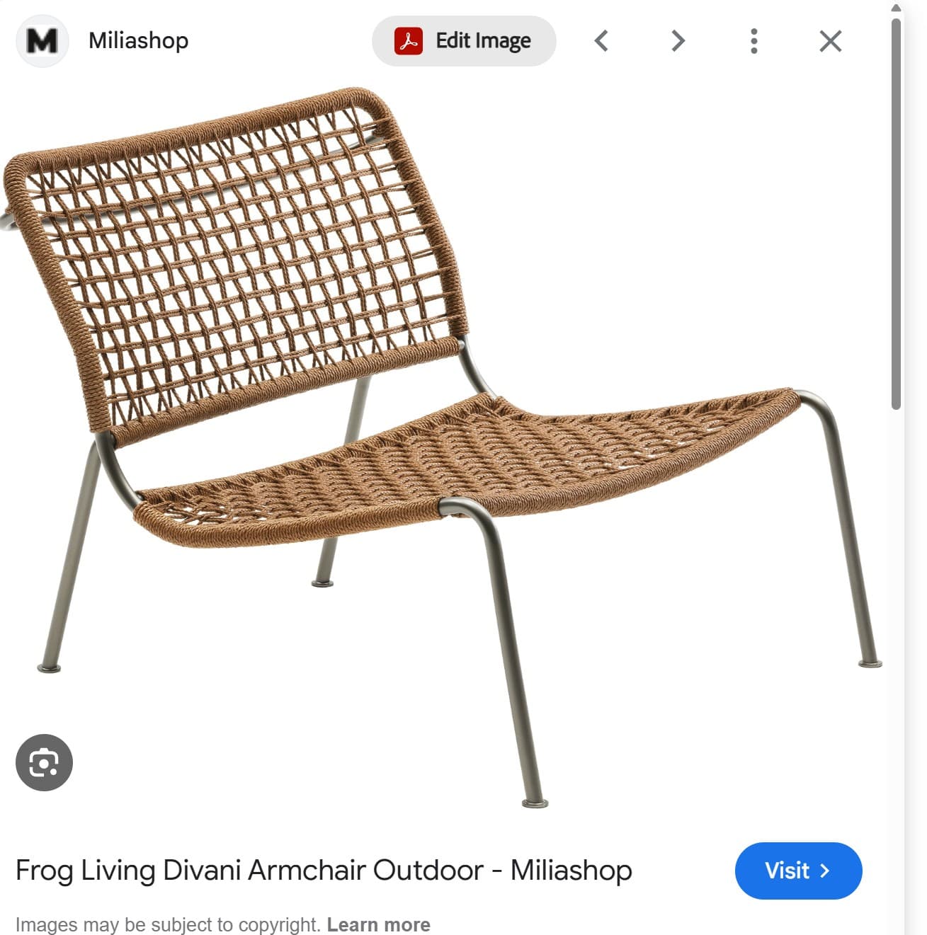 A low-profile lounge chair featuring a sturdy dark gray metal frame and a wide, open-weave seat and backrest made from light brown woven synthetic rope or cord. The chair has a relaxed, reclined posture, typical of lounge seating. The legs are slender and angled, providing a minimalist and contemporary aesthetic. — 3D model