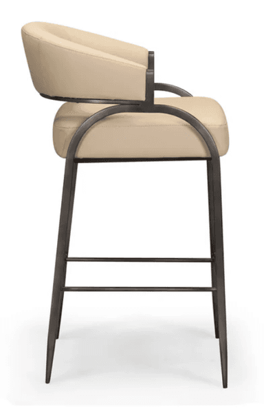 A contemporary bar stool featuring a beige upholstered seat and backrest with integrated armrests, set on a dark bronze or grey metal frame. The stool includes footrest bars for comfort and appears to have a swivel mechanism. The design is sleek and minimalist. — 3D model
