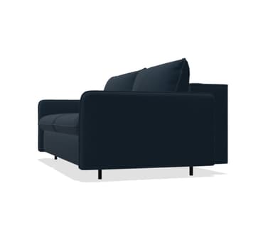 A navy blue sofa with two seat cushions and two back cushions. The sofa has a modern, minimalist design with clean lines and slightly flared arms. Dimensions are provided: width 206 cm, depth 125 cm, and height 88 cm. The upholstery appears to be fabric. — 3D model