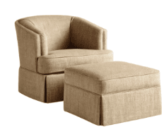 A contemporary upholstered barrel-back swivel armchair featuring a rounded silhouette and a light-colored woven fabric, supported by a discreet skirted base concealing the swivel mechanism. — 3D model